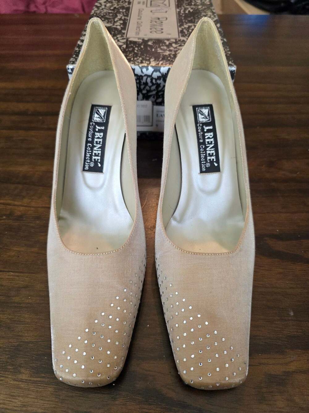 J. Renee Couture Champagne Satin Rhinestone Square Toe Block Heel Pumps 9M